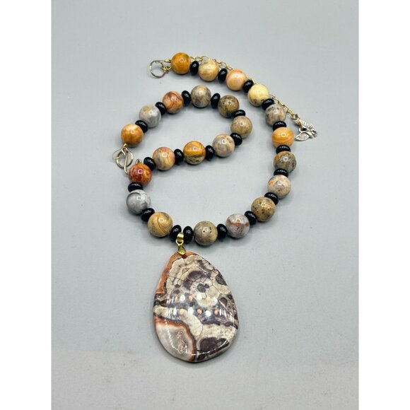 Handcrafted Leopard Jasper Necklace Beaded with Large Drop Shaped Pendant - Picture 6 of 7